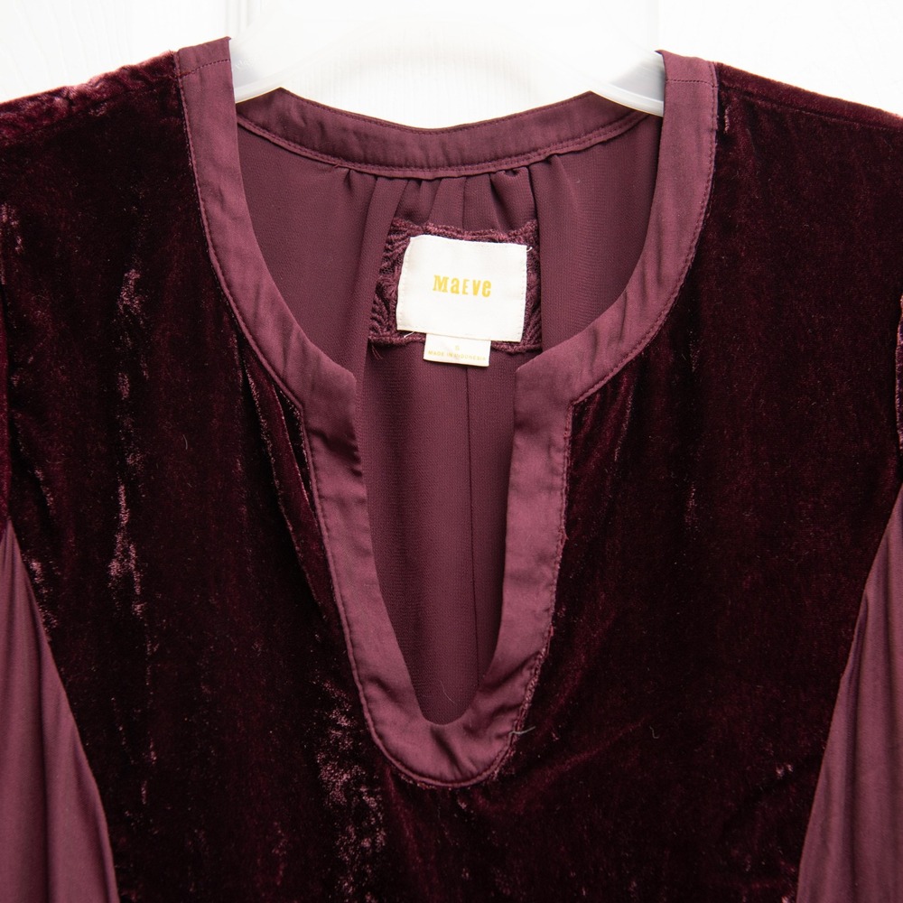 MAEVE Anthropologie Dress Sz S Burgundy Velvet Silky Boho Dark Academia Romantic - Picture 2 of 4
